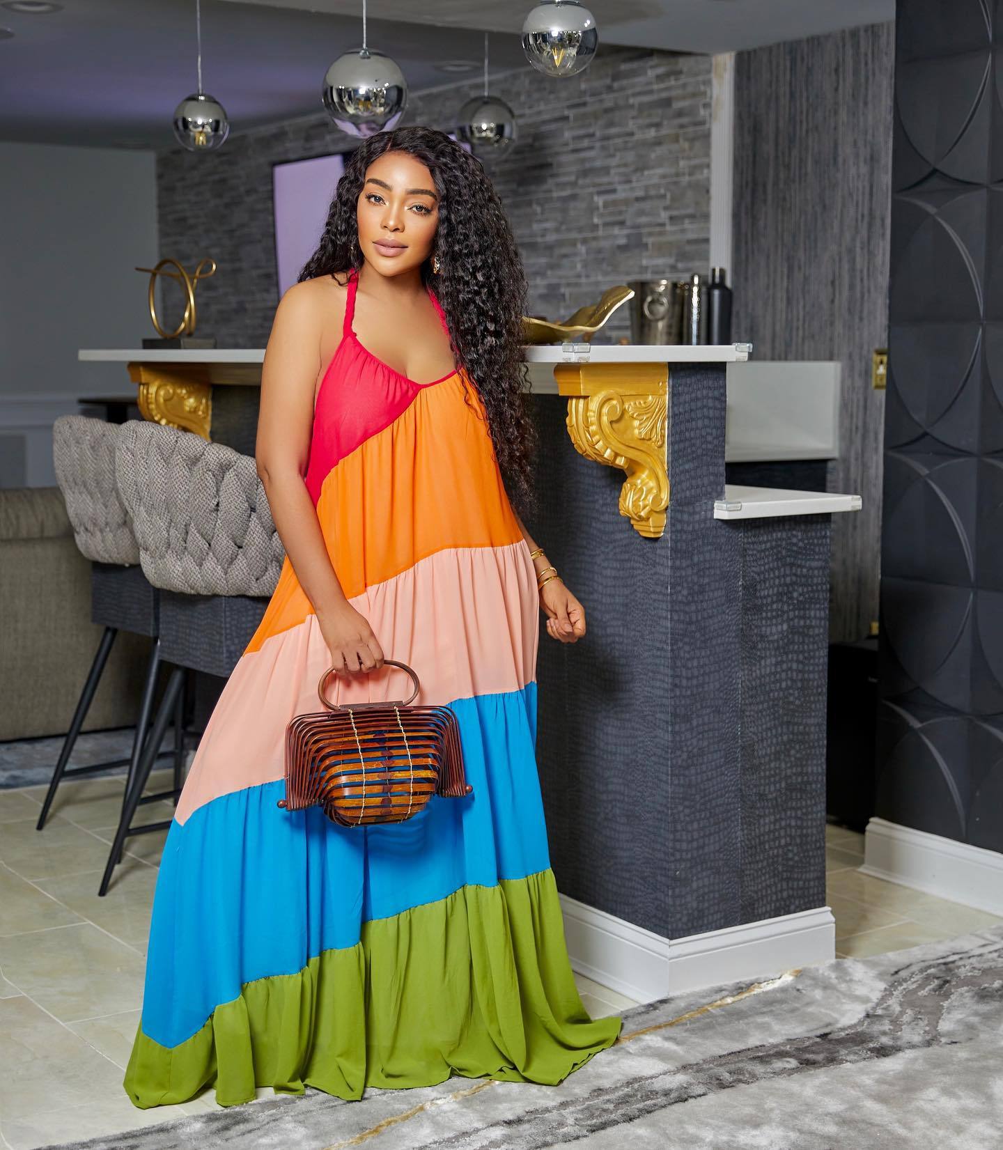 Sexy Contrast Color Big Swing Cross Strap Maxi Dress