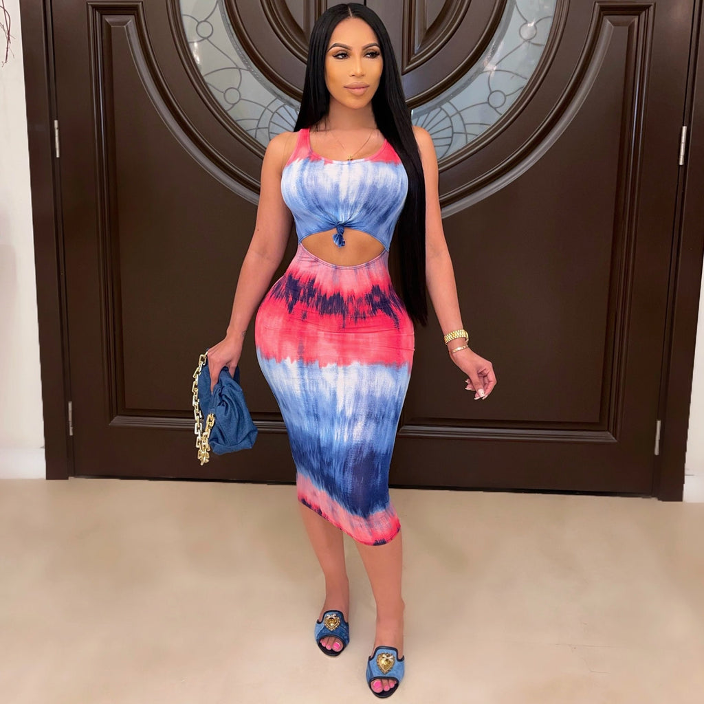 Sexy Tie Dye Print Sleeveless Hollow Out Midi Dress