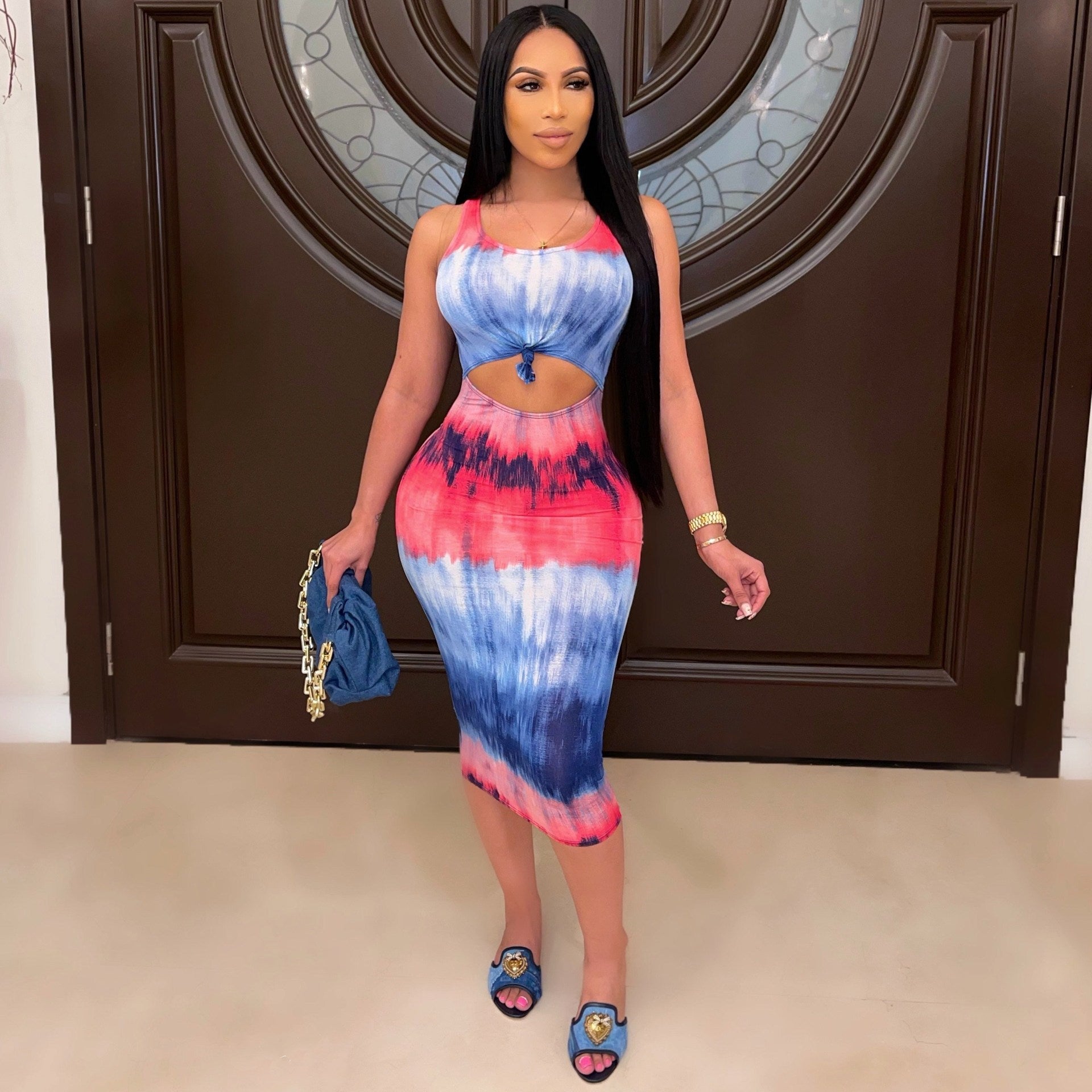 Sexy Tie Dye Print Sleeveless Hollow Out Midi Dress