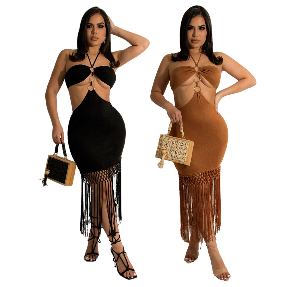 Sexy Sexy Tassel Hollow Out Halter Long Dress