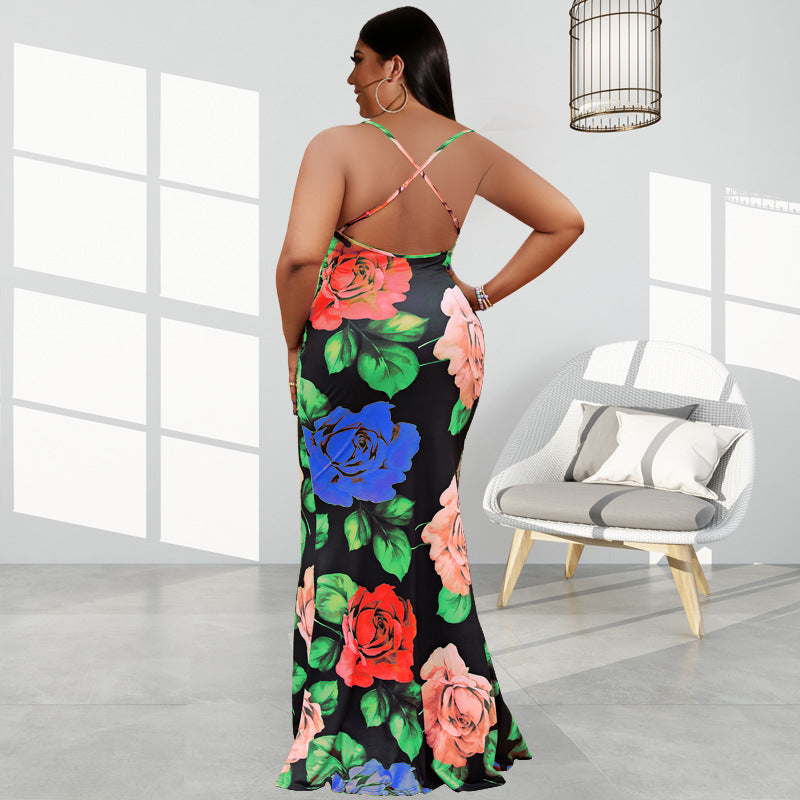 Sexy Plus Size Flower Print Cross Strap Maxi Dess