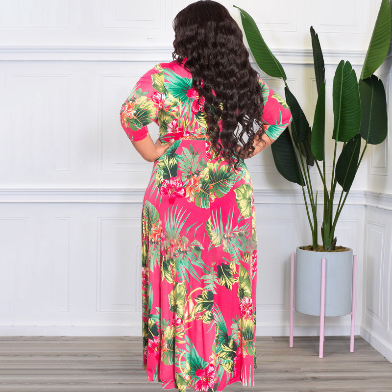 Sexy Plus Size Floral Print Sashes Maxi Dress