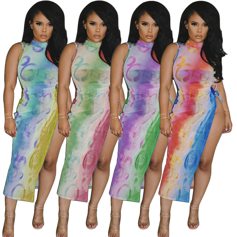 Sexy Sleeveless Sexy Print Mesh See Through Lace Up Dress