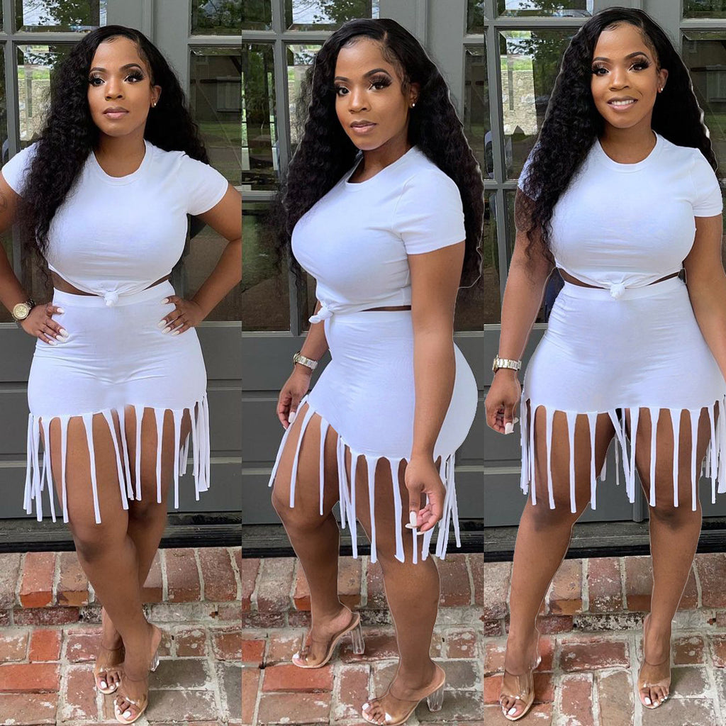 Sexy Solid Short Sleeve Tassel Skirt Two Piece Sets