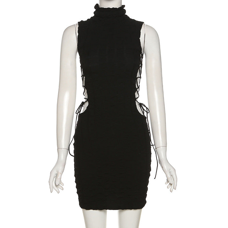 Sexy Solid Sleeveless Lace-Up Hollow Out Mini Dress