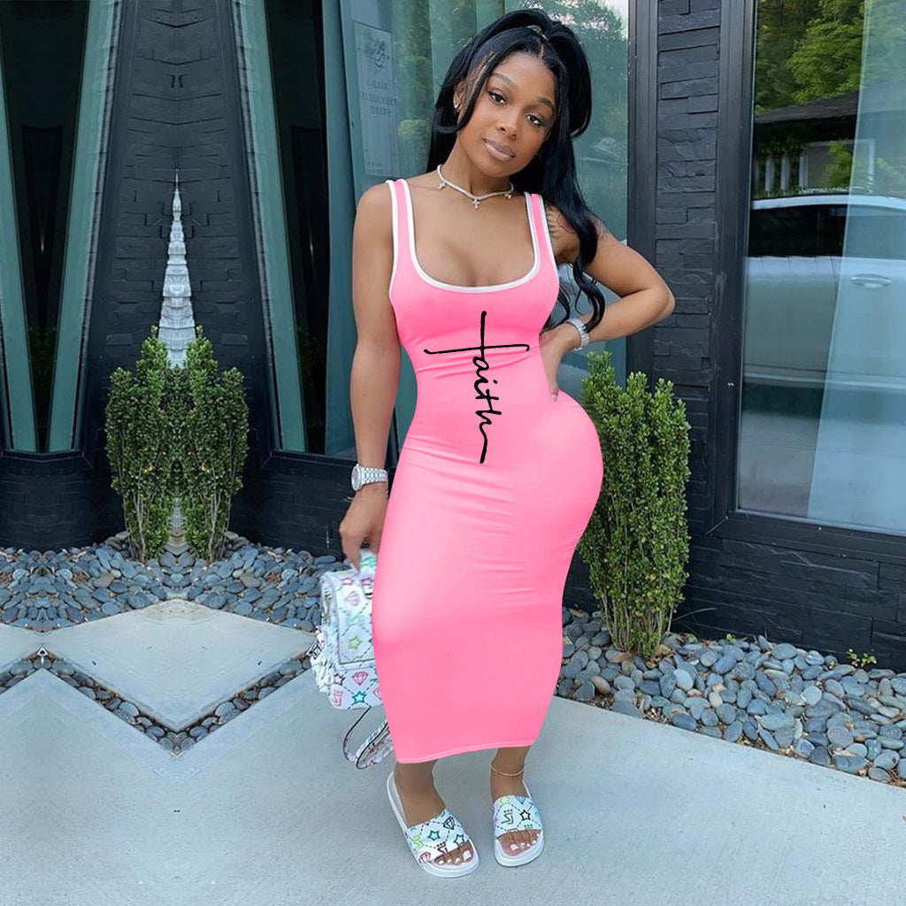 Sexy Letter Print Sleeveless Casual Maxi Dress