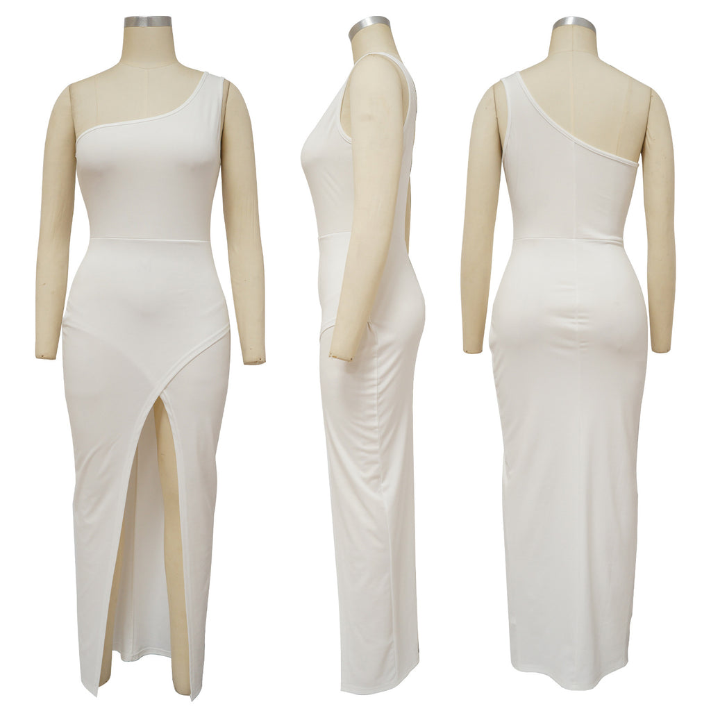 Sexy Plus Size Solid One Shoulder Split Maxi Dress