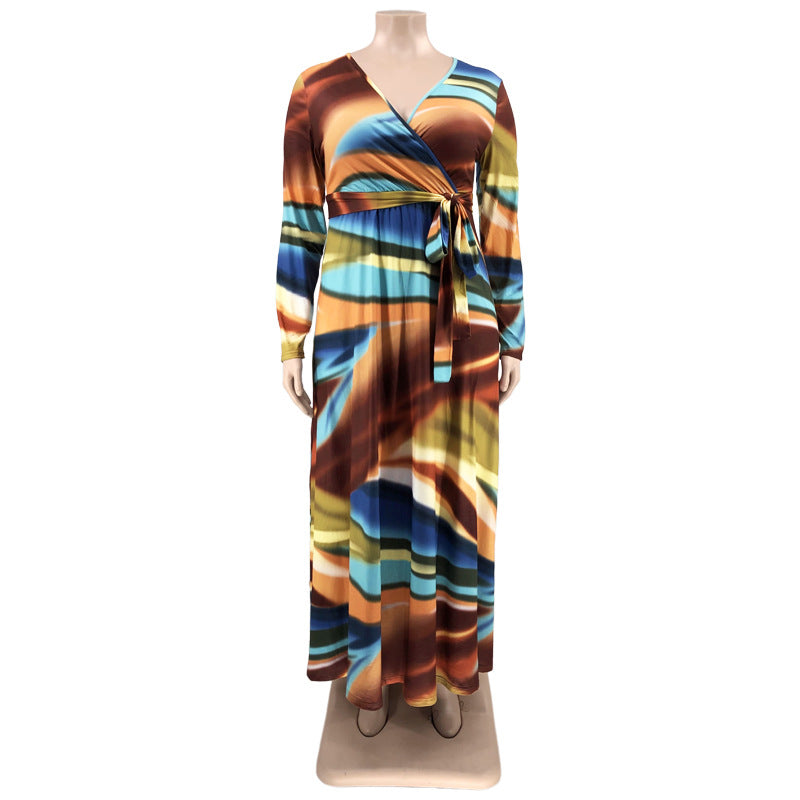 Sexy Plus Size Printed V Neck Long Sleeve Sashes Maxi Dress