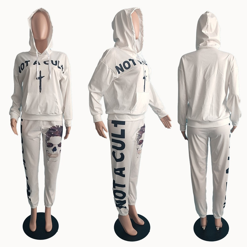 Sexy Skull Print Long Sleeve Hooded Two Piece Set