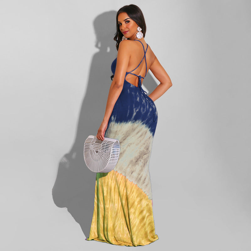 Sexy Plus Size Printed Cross Strap Backless Maxi Dress