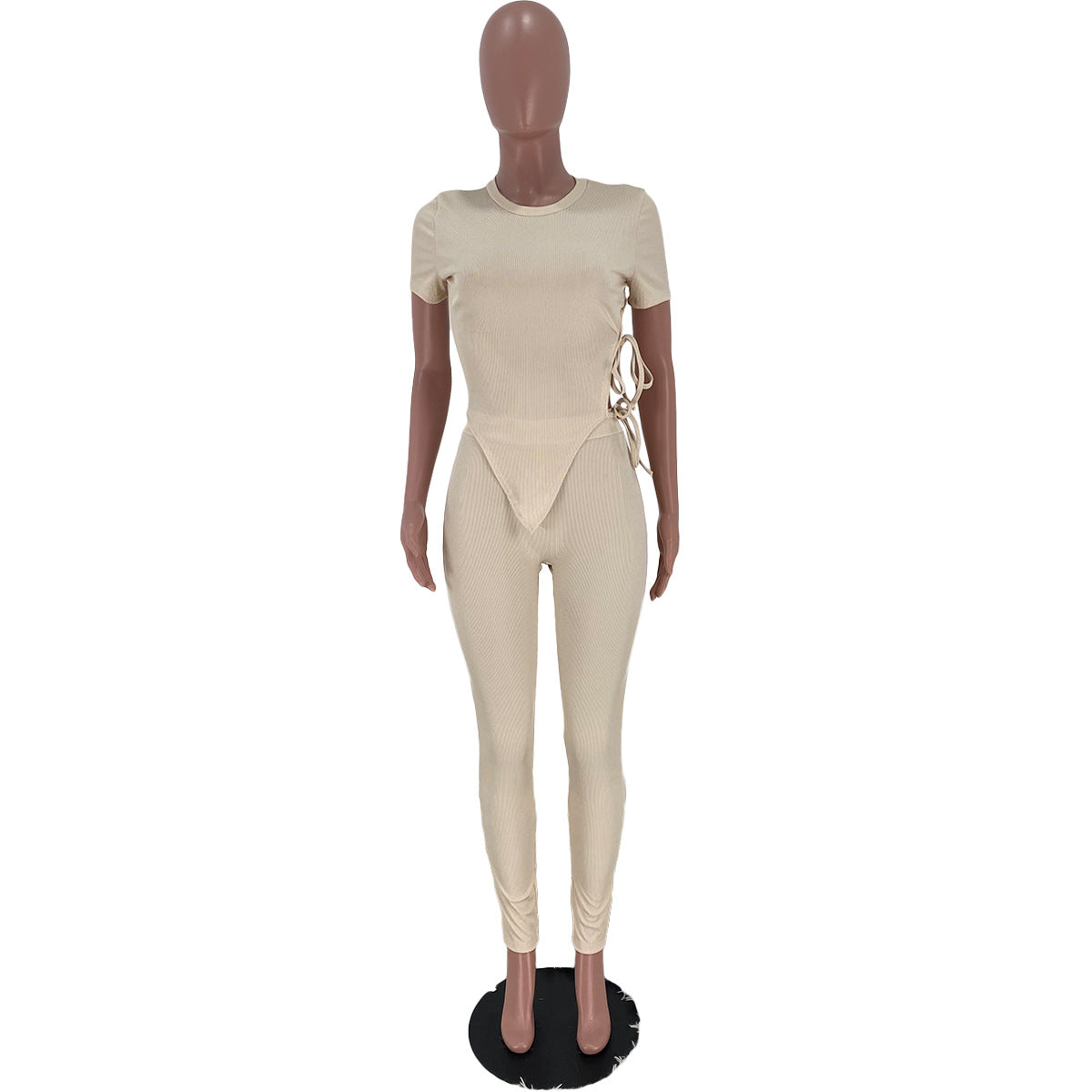 Sexy Solid Lace-Up Short Sleeve 2 Piece Pants Set