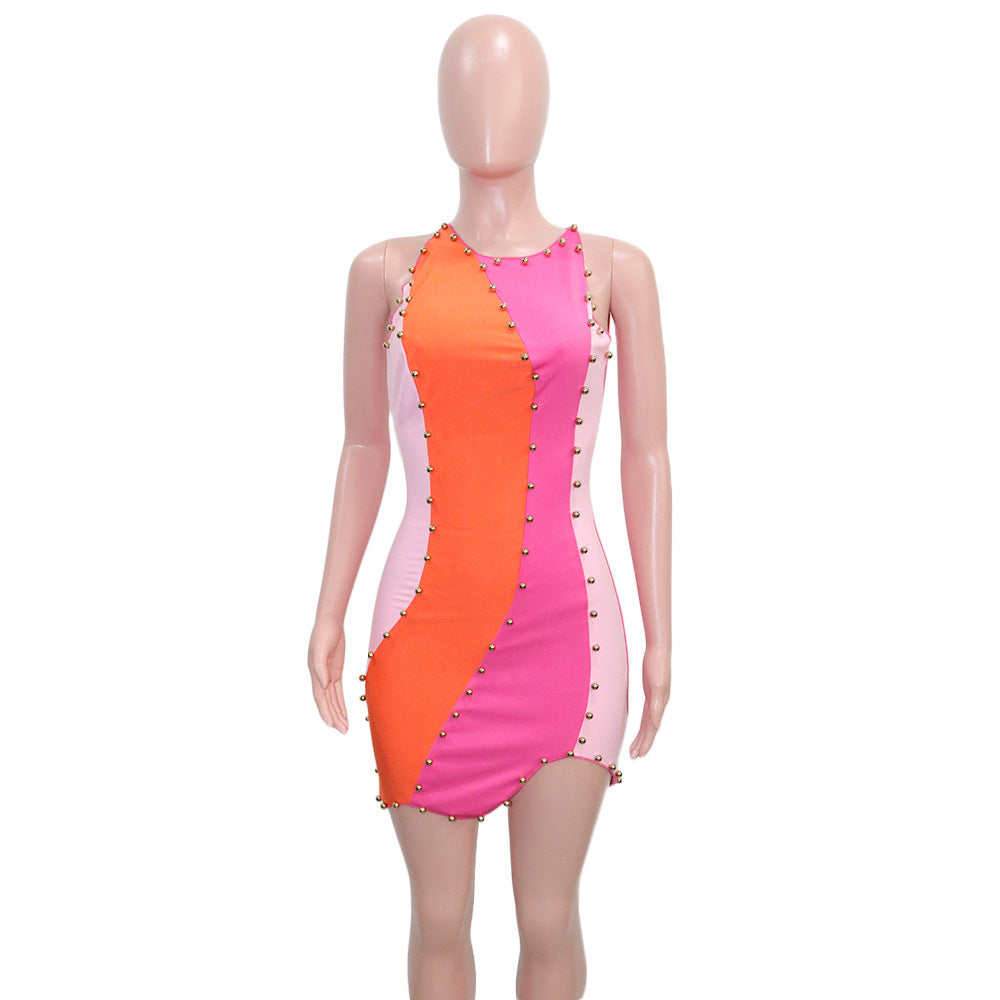 Sexy Contrast Color Beading Sleeveless Irregular Mini Dress