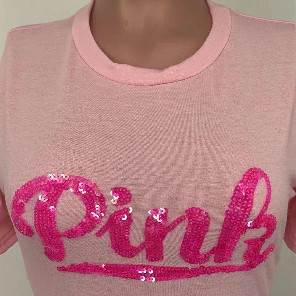 Sexy Sequin Pink Letter Print Short Sleeve Mini Dress