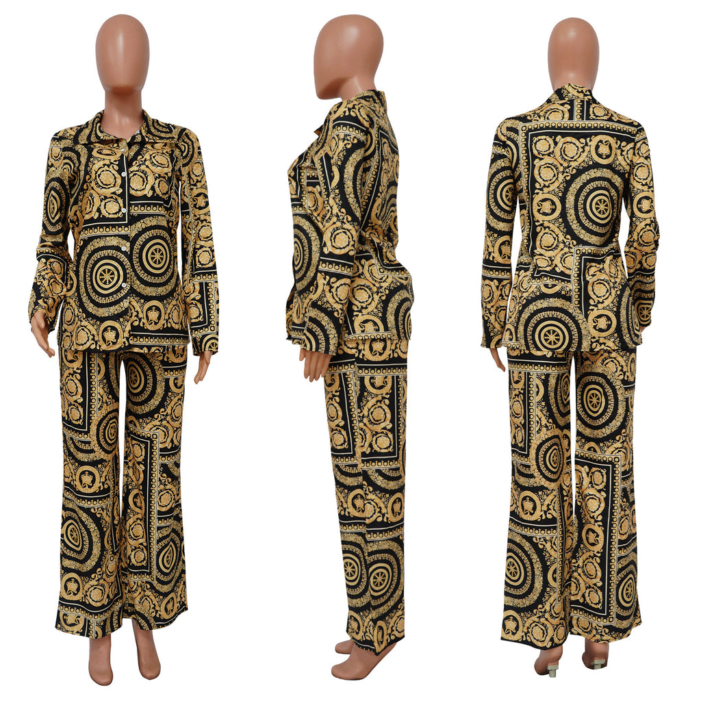 Sexy Long Sleeve Print Loose Shirt And Wide Leg Pant 2 Piece Set