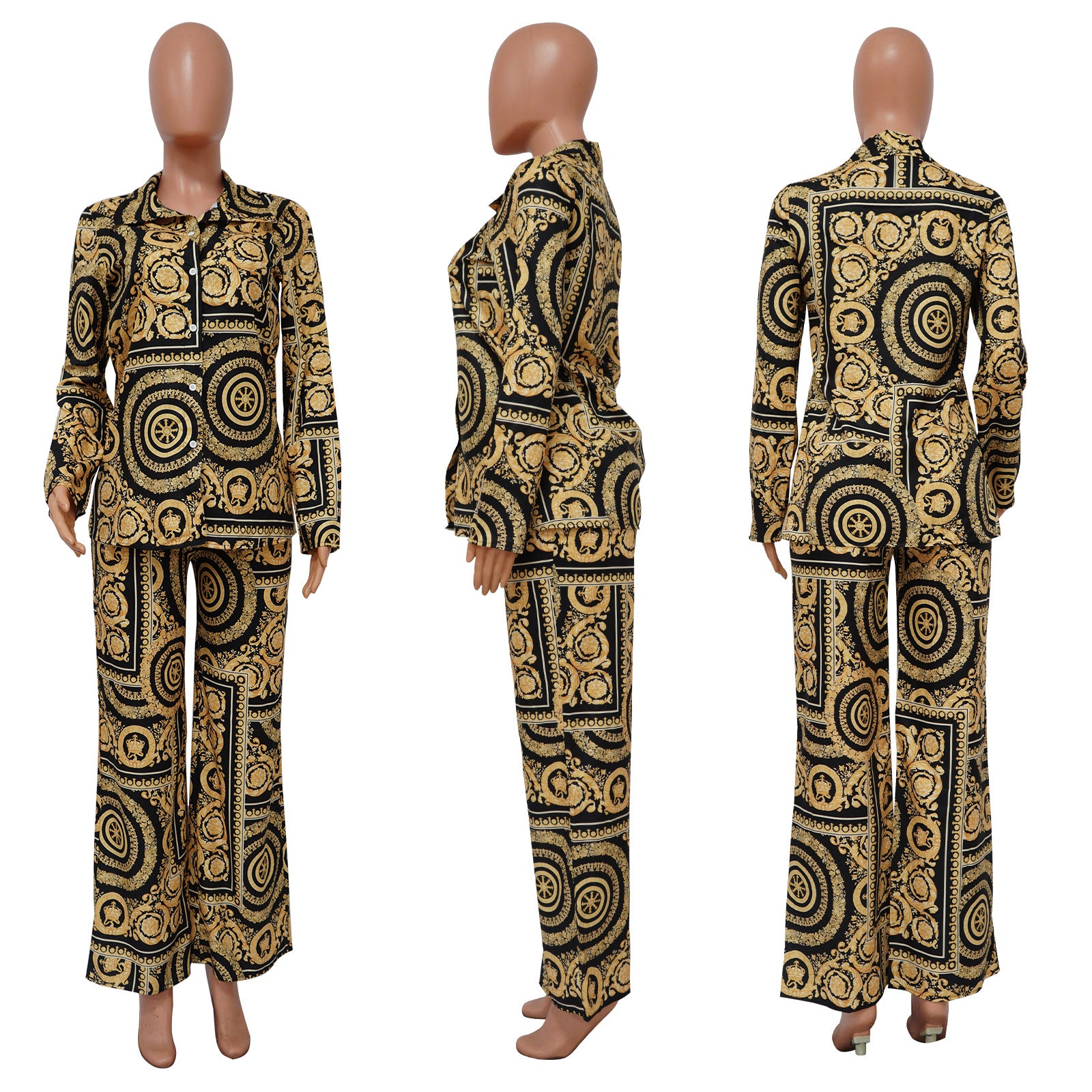 Sexy Long Sleeve Print Loose Shirt And Wide Leg Pant 2 Piece Set
