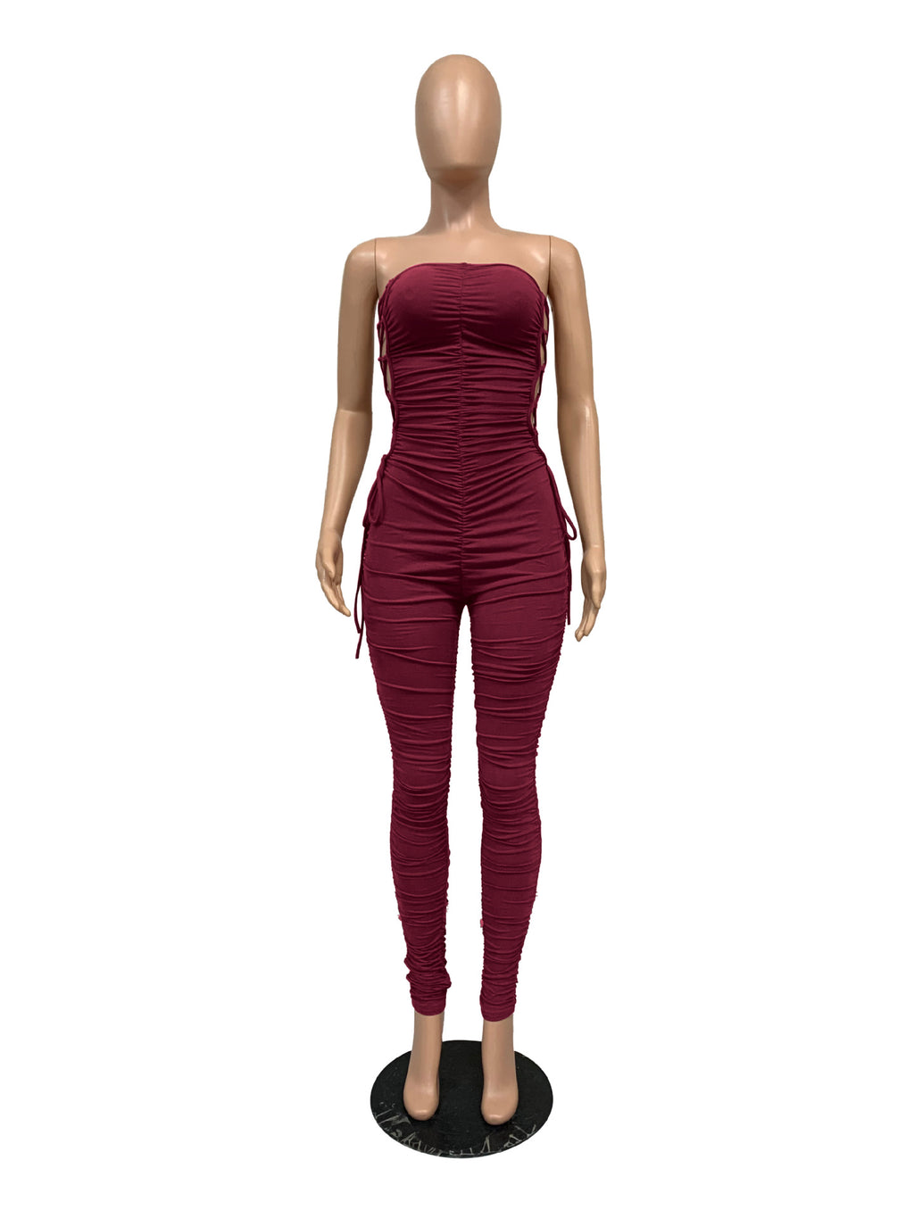 Sexy Sexy Solid Lace-Up Ruched Bandage Tube Jumpsuit