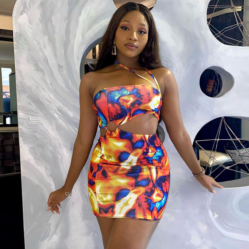 Sexy Sexy Printed Hollow Out Mini Dress