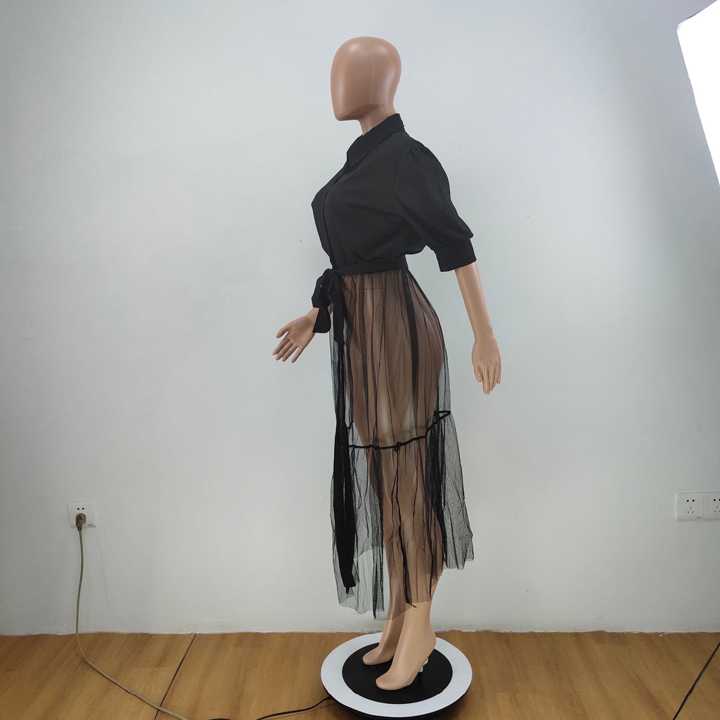 Sexy Plus Size Solid Mesh Patchwork Sashes Maxi Dress