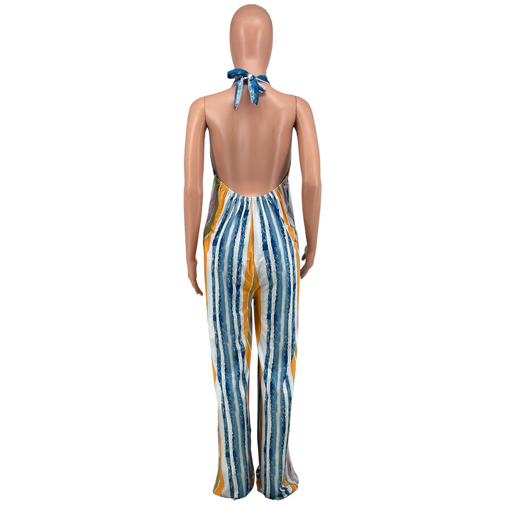 Sexy Tie Dye Print Halter Backless Loose Jumpsuit
