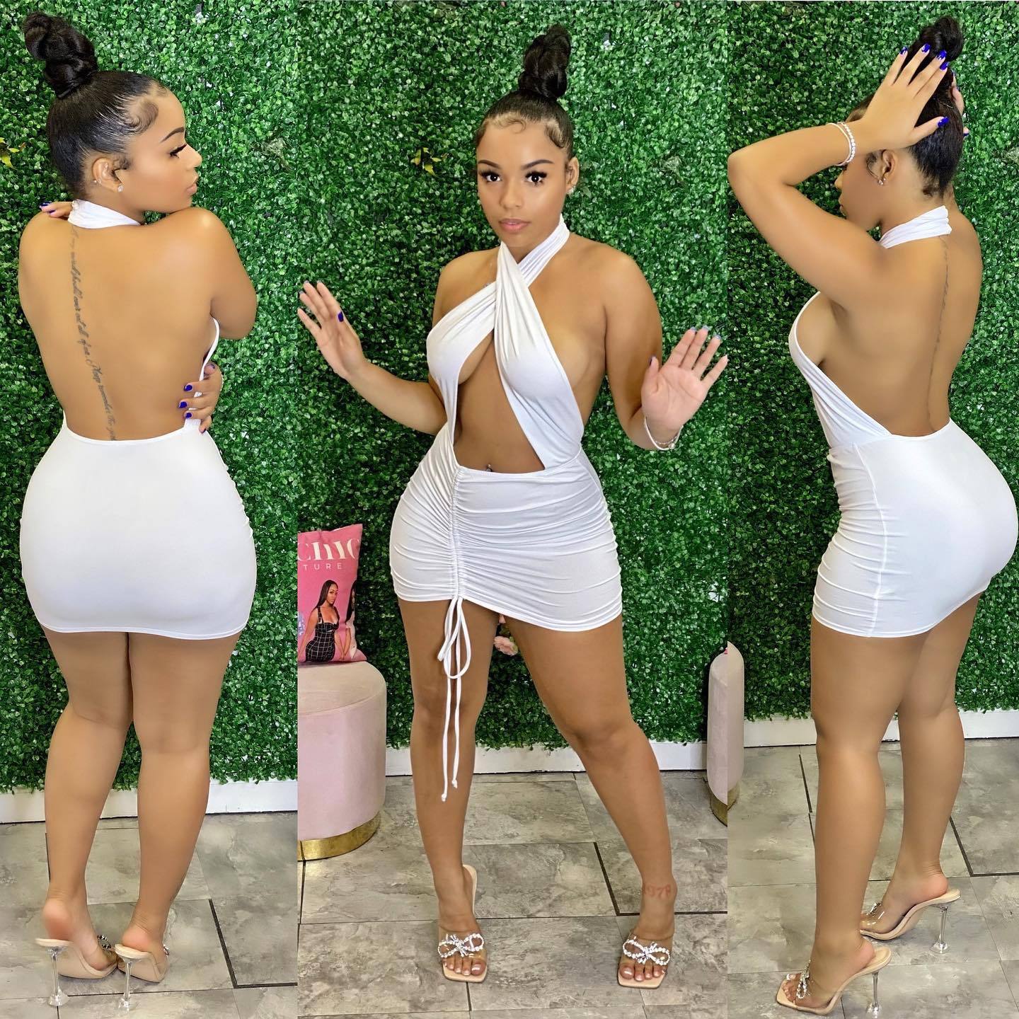 Sexy Solid Color Cross Halter Sexy Mini Dress