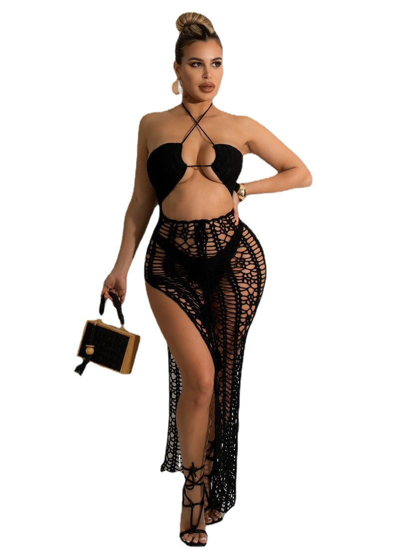 Sexy Solid Color Halter Side Slit Sling Beach Dress