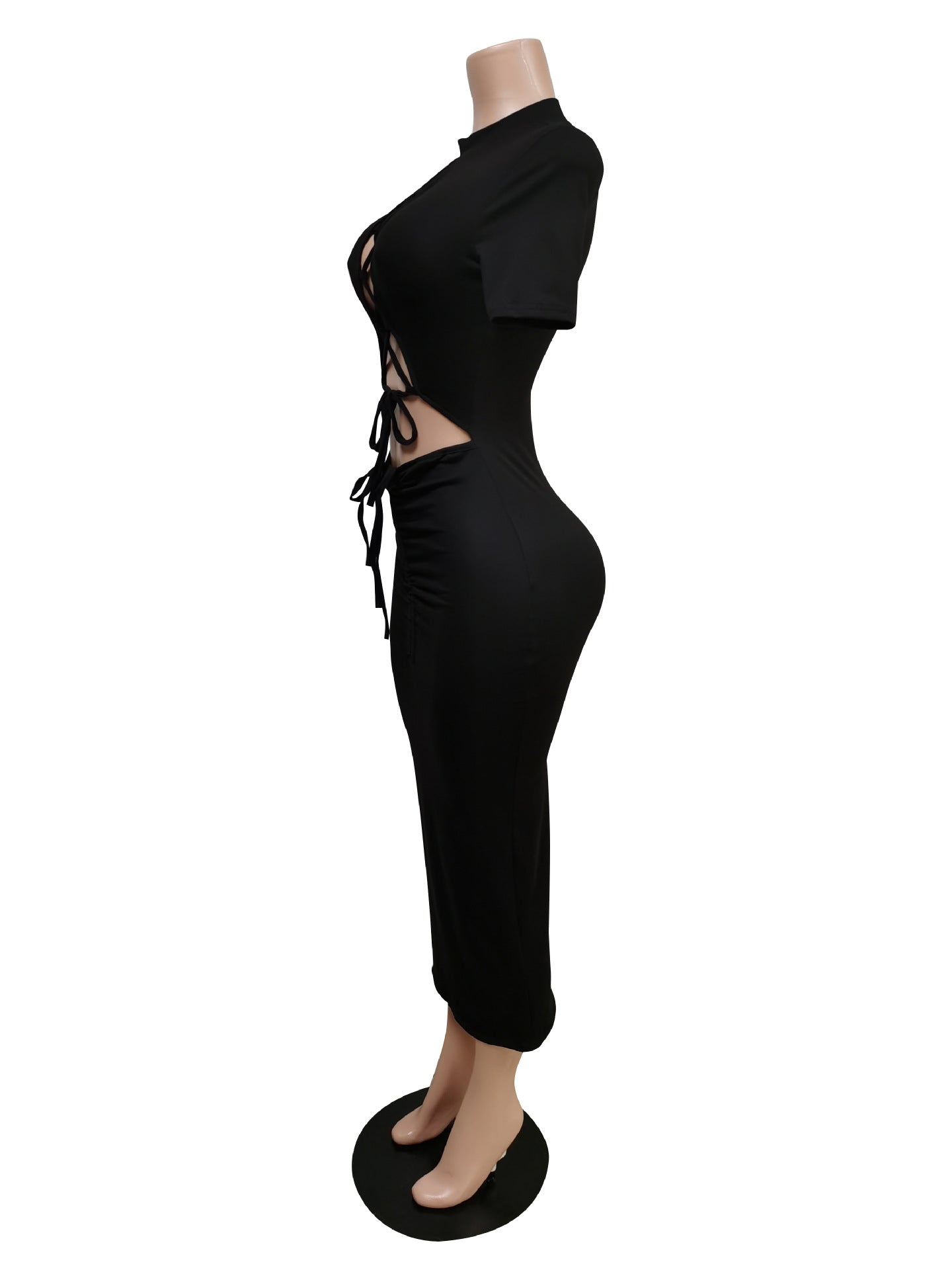 Sexy Solid Short Sleeve Lace-Up Hollow Midi Dress