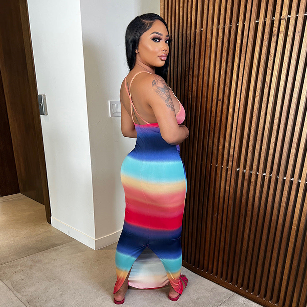 Sexy Rainbow Color Split Slim Maxi Dress