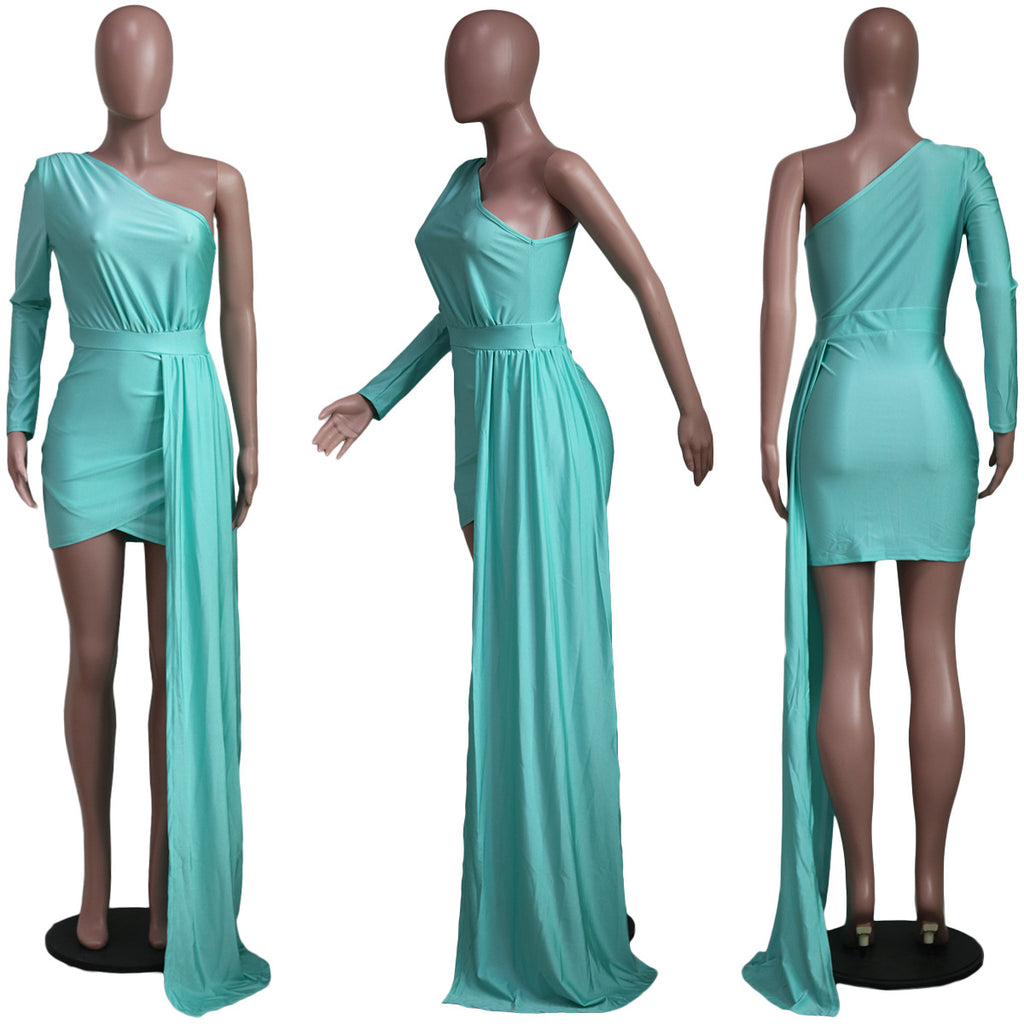 Sexy Solid One Shoulder Irregular Mini Dress