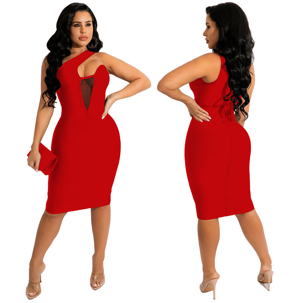Sexy Irregular Solid Color Mesh Splice Slim Midi Dress