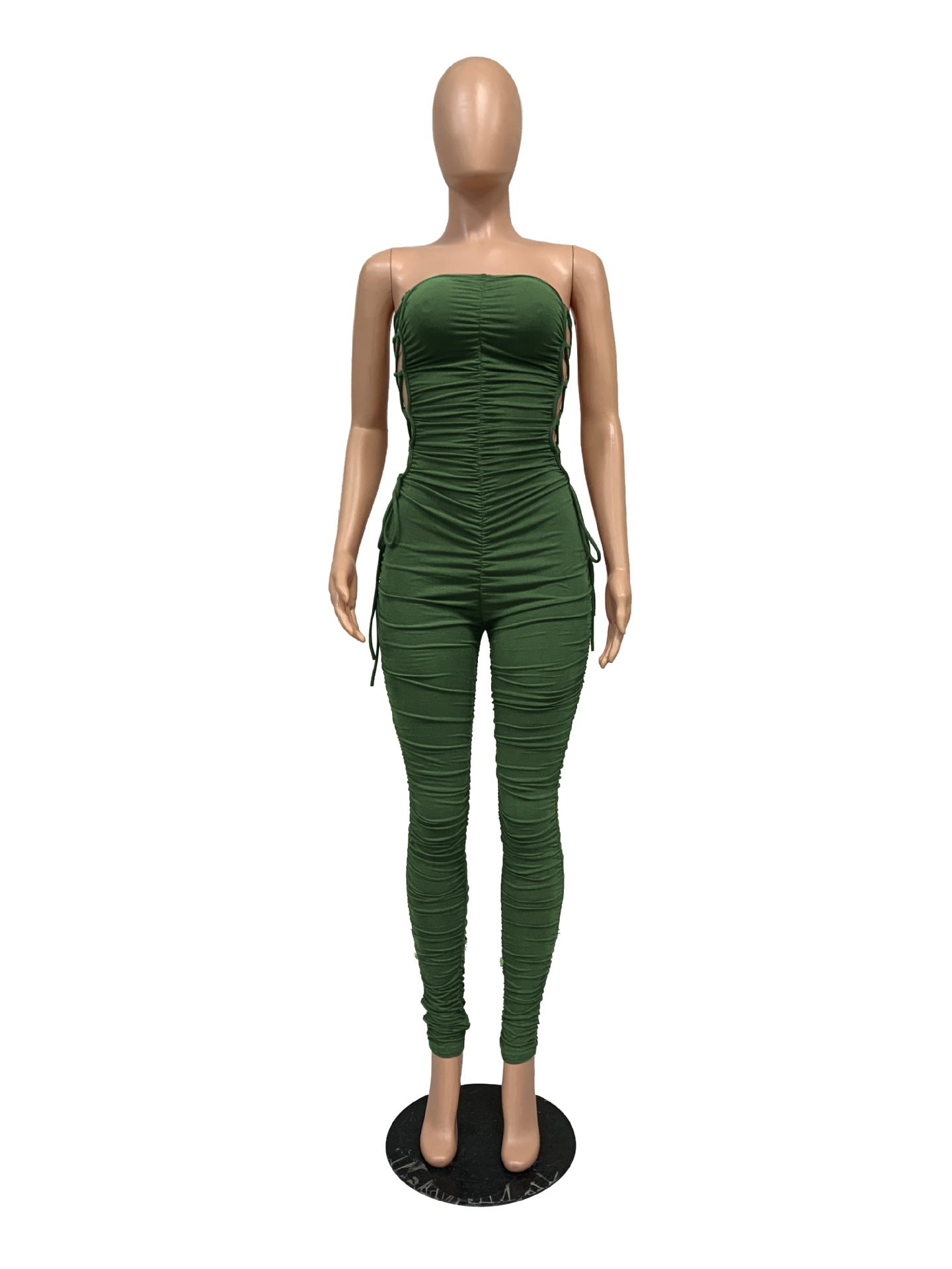 Sexy Sexy Solid Lace-Up Ruched Bandage Tube Jumpsuit