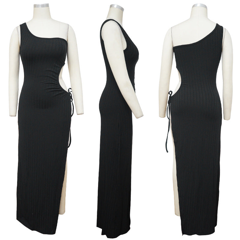 Sexy Solid Color One Shoulder Slit Sexy Maxi Dress