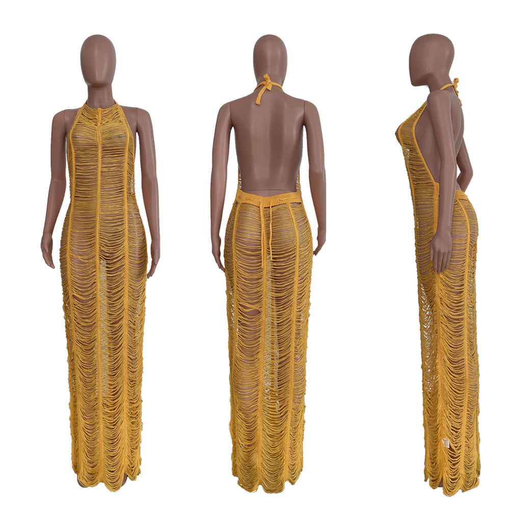 Sexy Solid Knitted Halter Hollow Out Maxi Dress