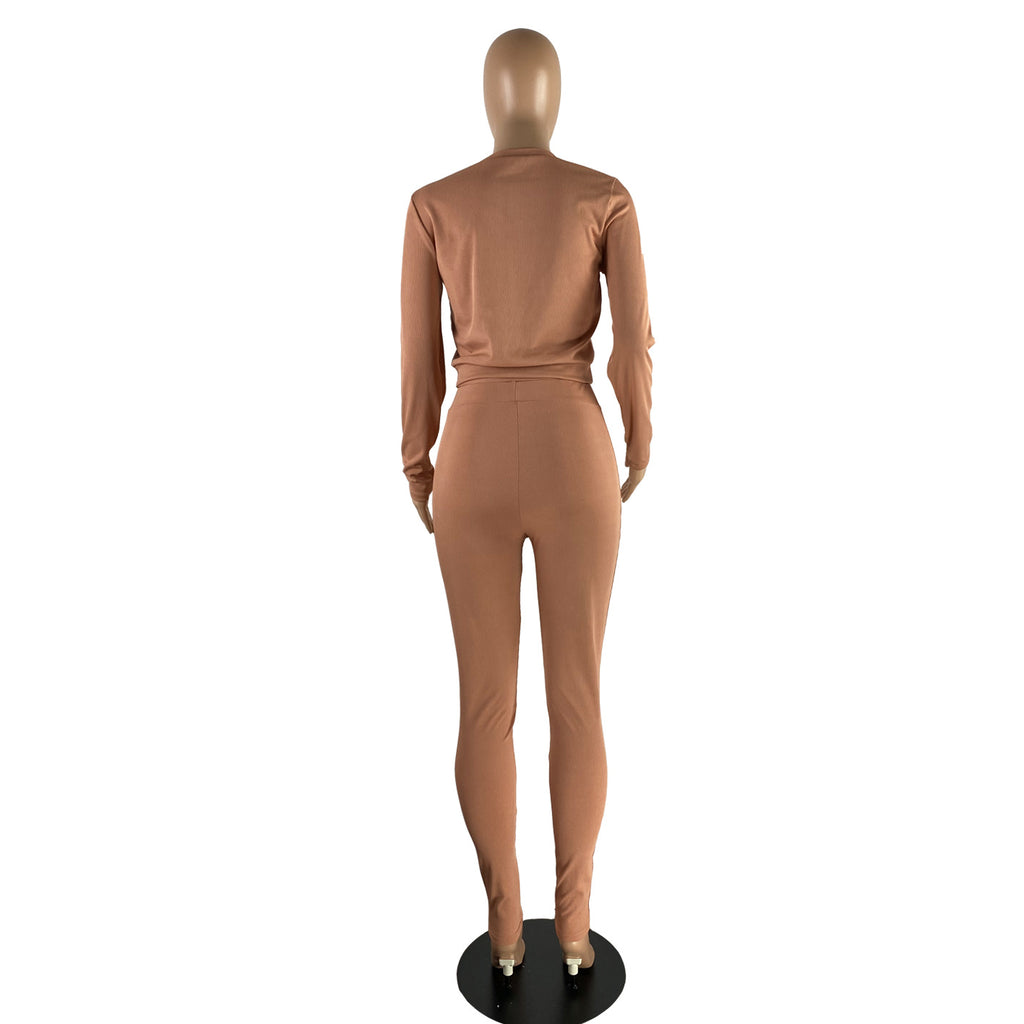 Sexy Solid O Neck Pullover And Waist Belt Pant 2 Piece Set