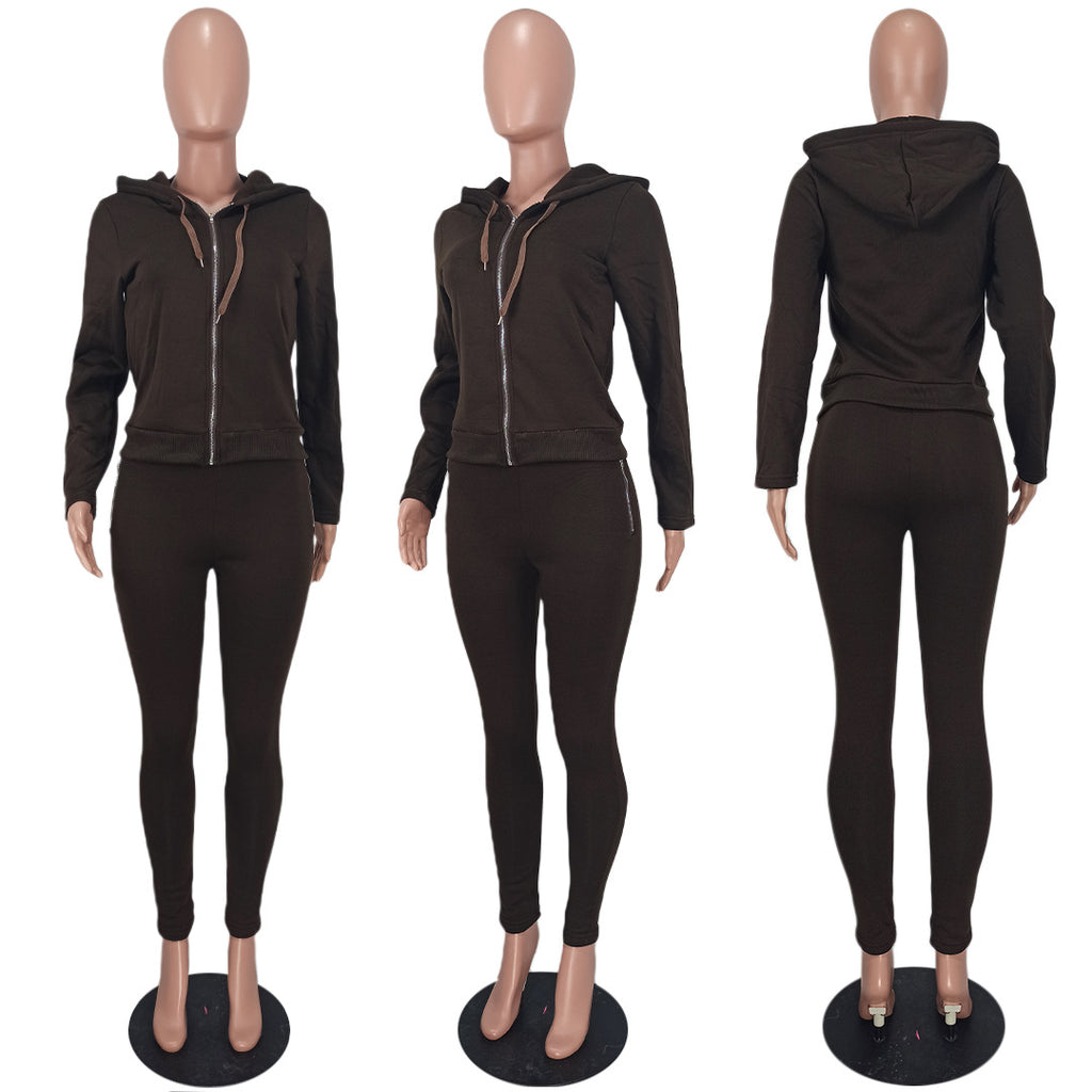Sexy Solid Fleece Hooded Zipper Long Sleeve Two Piece Sets