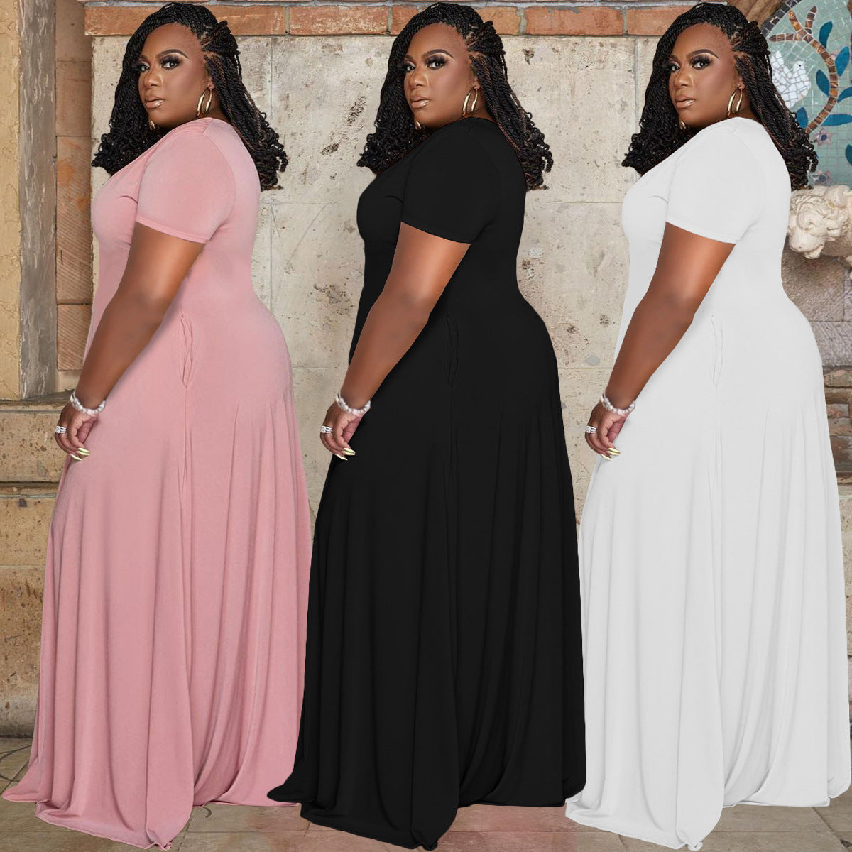 Sexy Plus Size Solid V Neck High Waist Maxi Dress