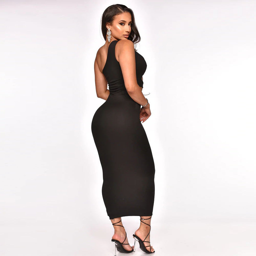 Sexy Sexy Solid Color Hollow Sloping Shoulder Slim Maxi Dress