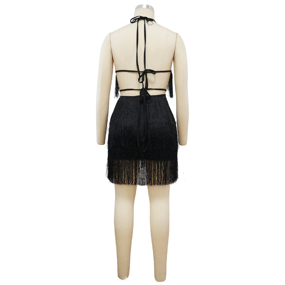 Sexy Lace-up Backless Tassel Mini Dress