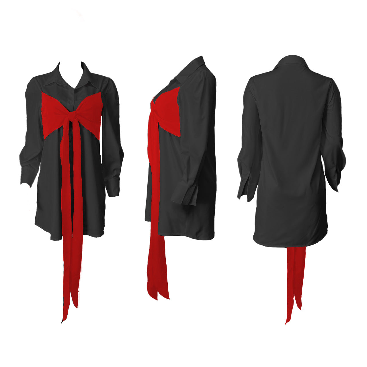 Sexy Contrast Colot Bow-Tie Long Sleeve Shirt Dress