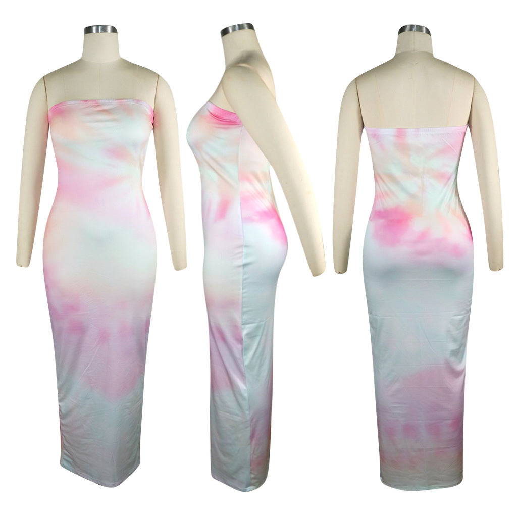 Sexy Tie Dye Print Strapless Off Shoulder Maxi Dress