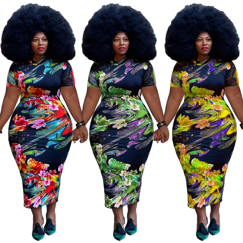 Sexy Plus Size Printed Short Sleeve Slim Maxi Dress