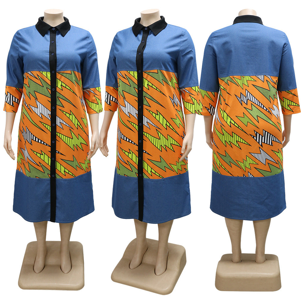 Sexy Plus Size Printed 3/4 Sleeve Midi Dress