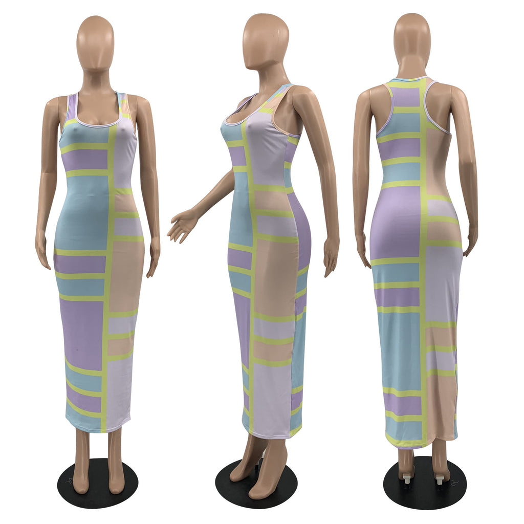 Sexy Colorful Print Sleeveless Slim Long Dress