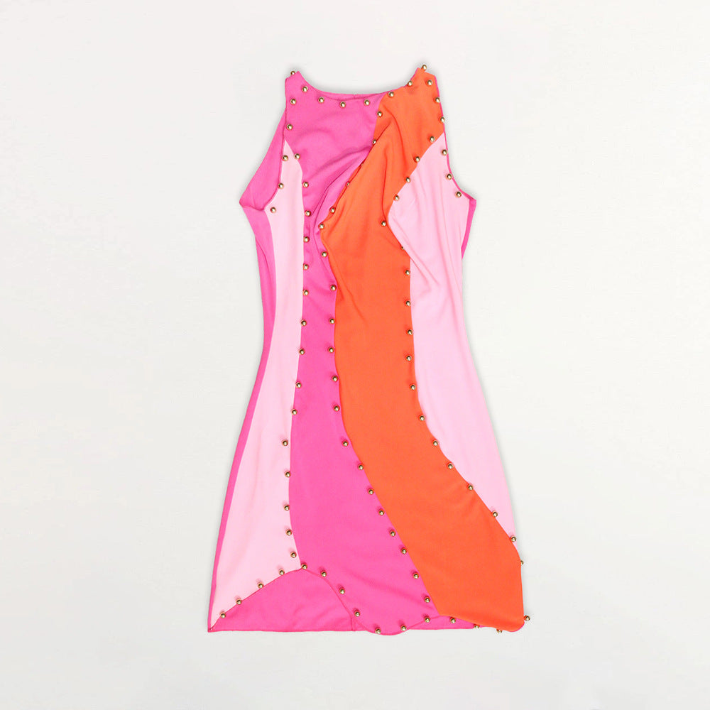 Sexy Contrast Color Beading Sleeveless Irregular Mini Dress