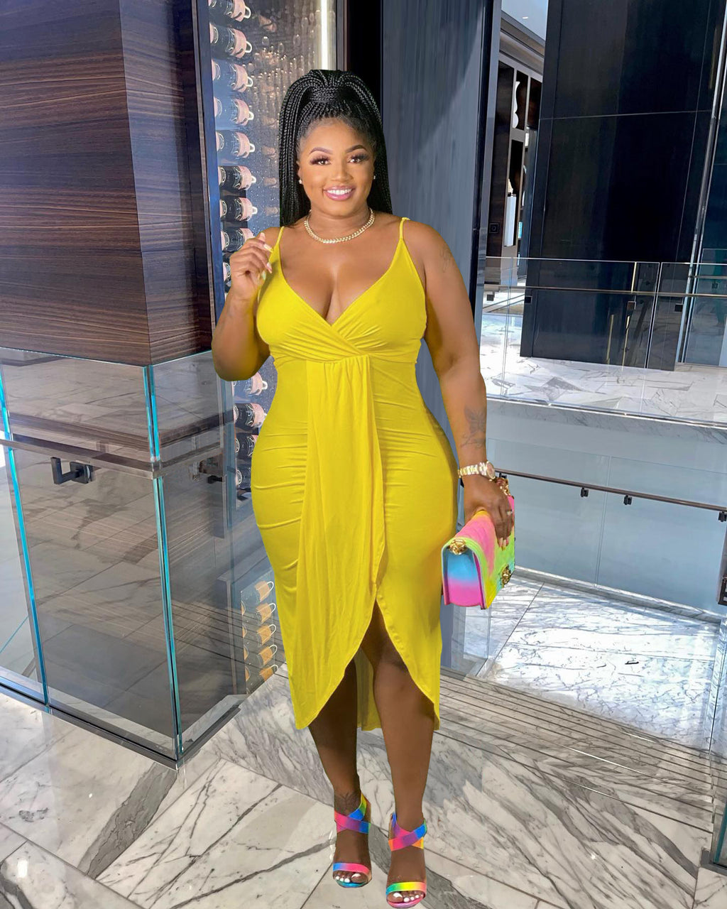 Sexy Plus Size Solid V Neck Spaghetti Strap Midi Dress