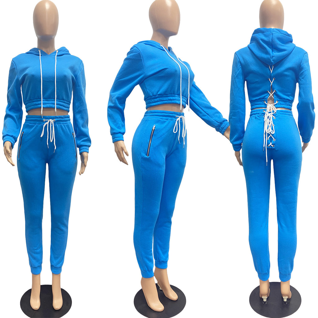 Sexy Solid Plush Hooded Lace Up Long Sleeve 2 Piece Pants Set