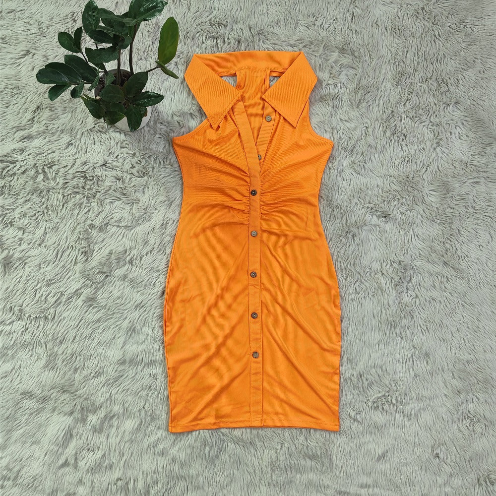 Sexy Solid Sleeveless Turndown Collar Slim Mini Dress