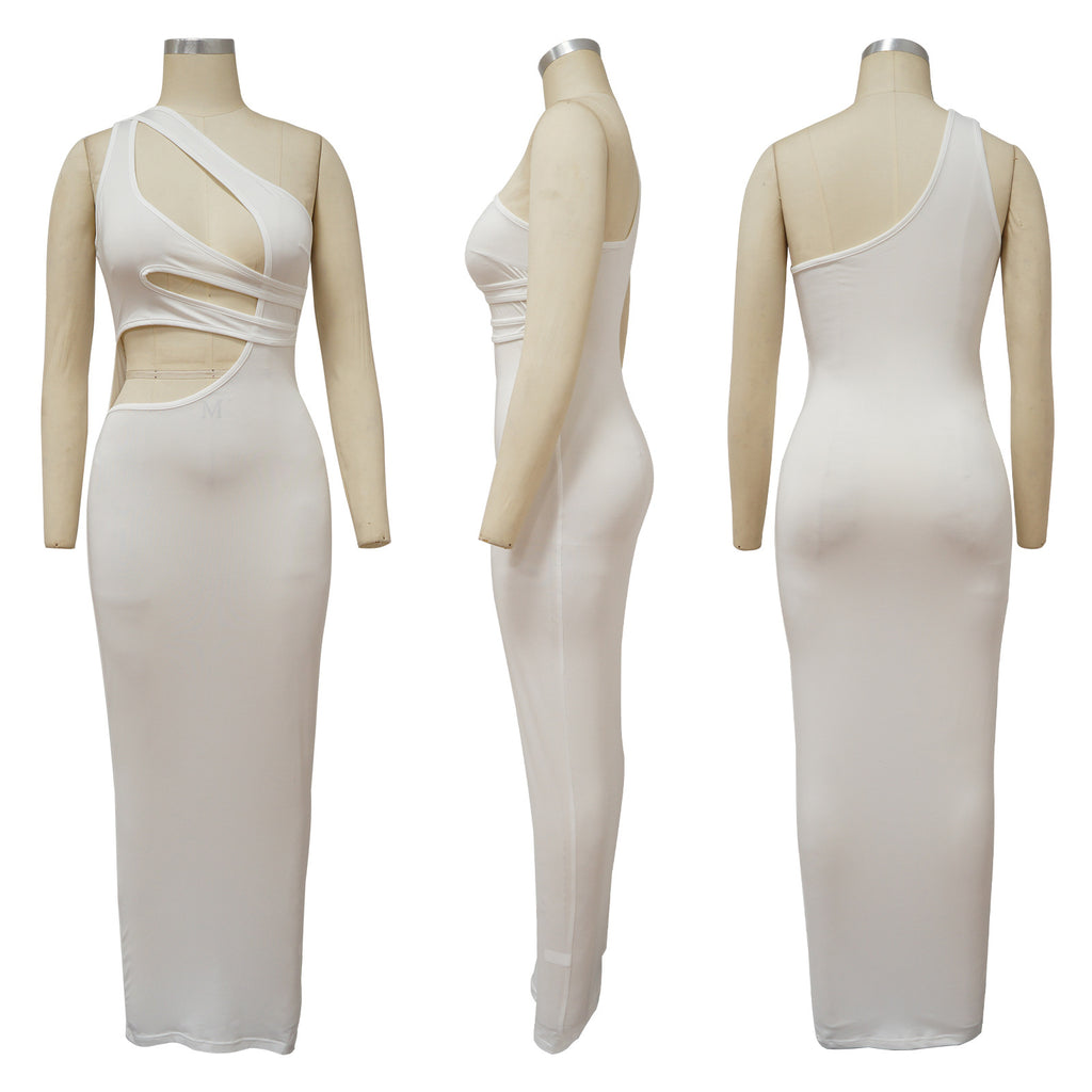 Sexy Sexy Solid Color Hollow Sloping Shoulder Slim Maxi Dress