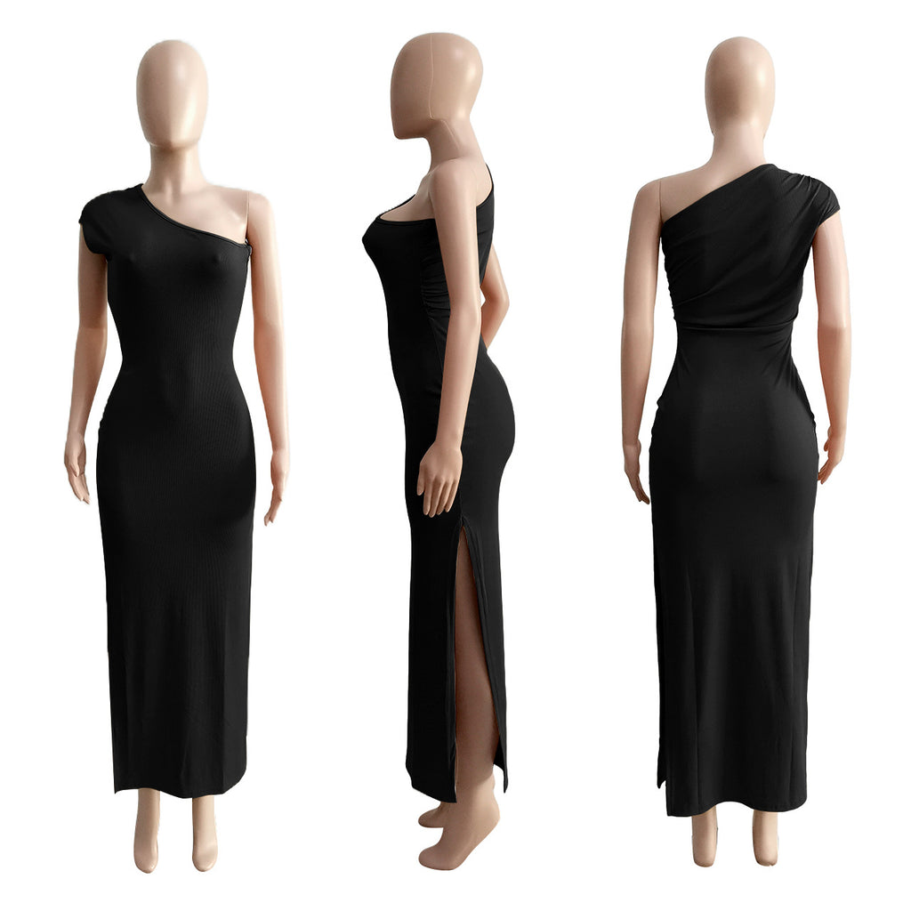 Sexy Solid Ribbed One Shoulder Split Maxi Dress
