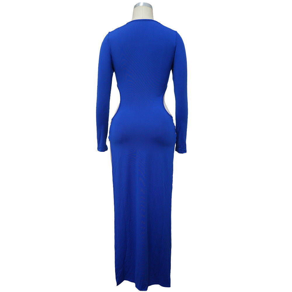 Sexy Solid Color Round Neck Sexy Slit Long Dress