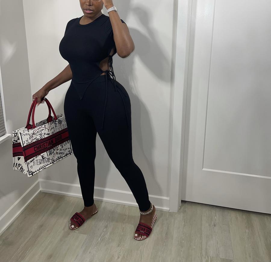 Sexy Solid Lace-Up Short Sleeve 2 Piece Pants Set